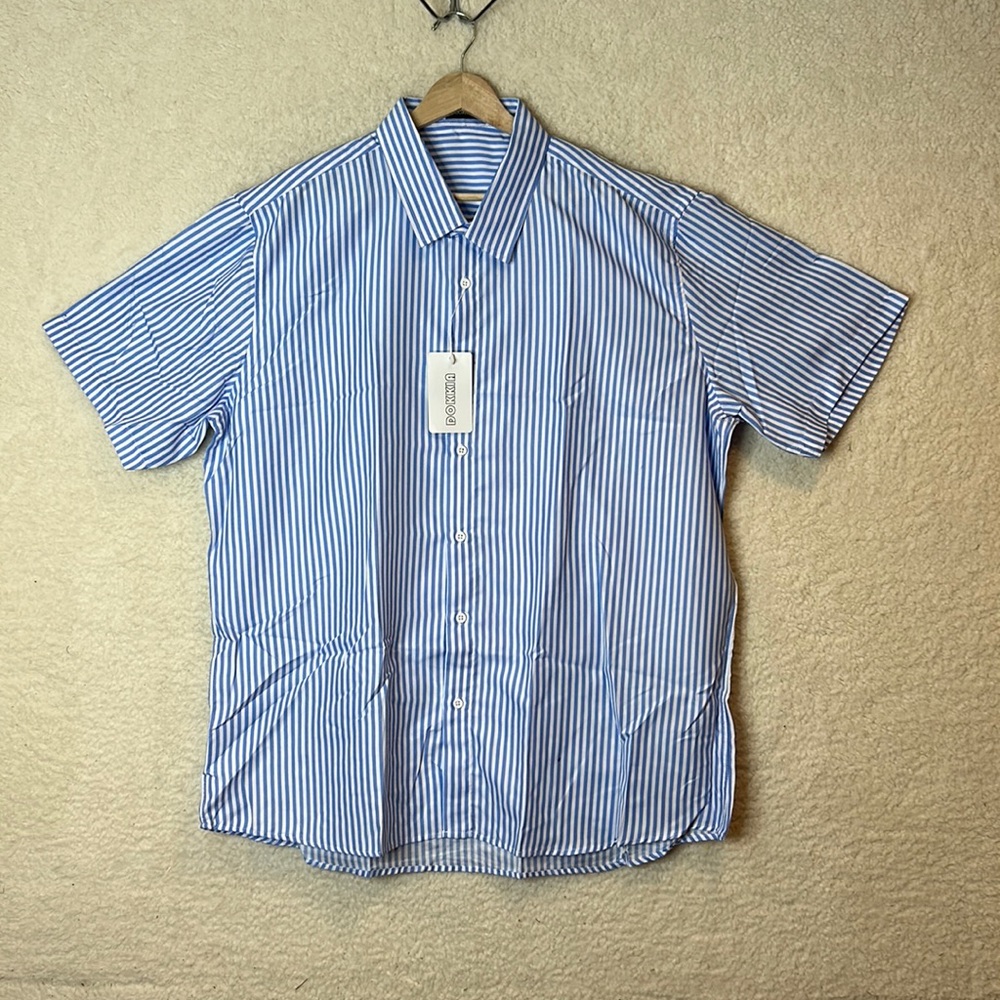 NWT DOKKIA Mens Blue White Stripe Short Sleeve Button Up Dress Shirt SIZE XL